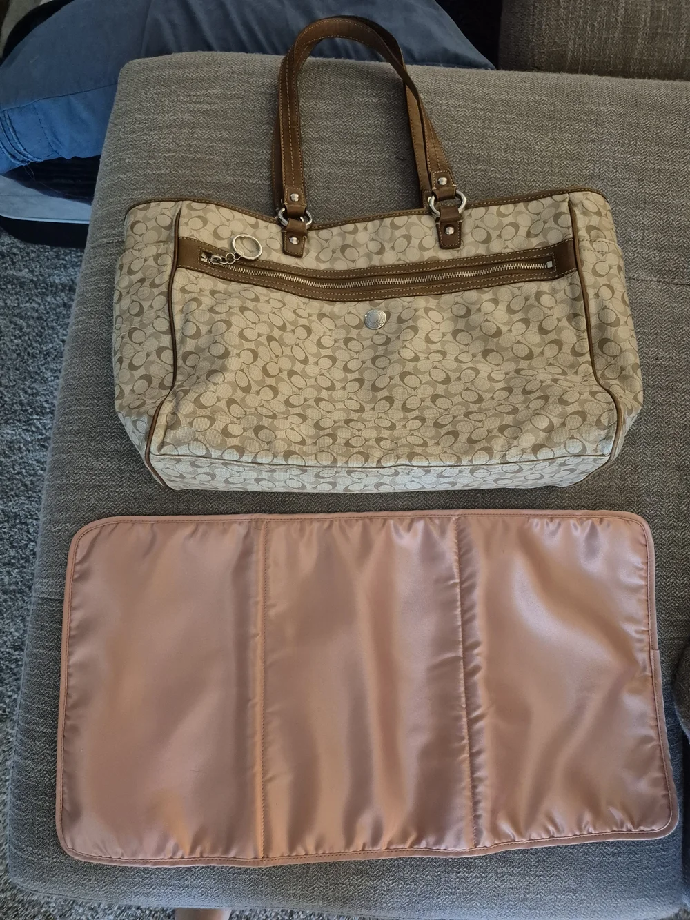 Coach Beige Signature Canvas Mulifunction Tote with Tan Leather Trim